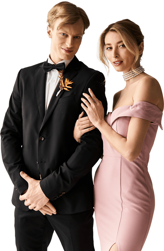 Stylish couple dressed in formal evening wear, perfect for wedding or special events.